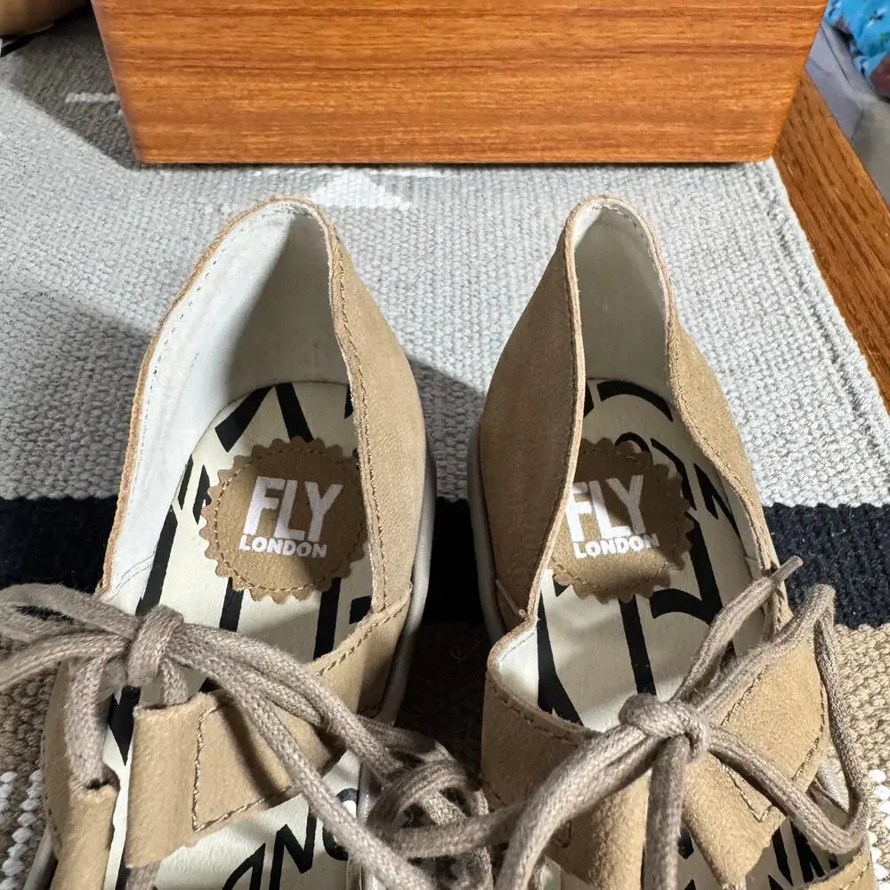 FLY London Beige/Tan Suede Lace-Up Low Wedge Heels: Size 9 / 40 - Picture 4 of 9